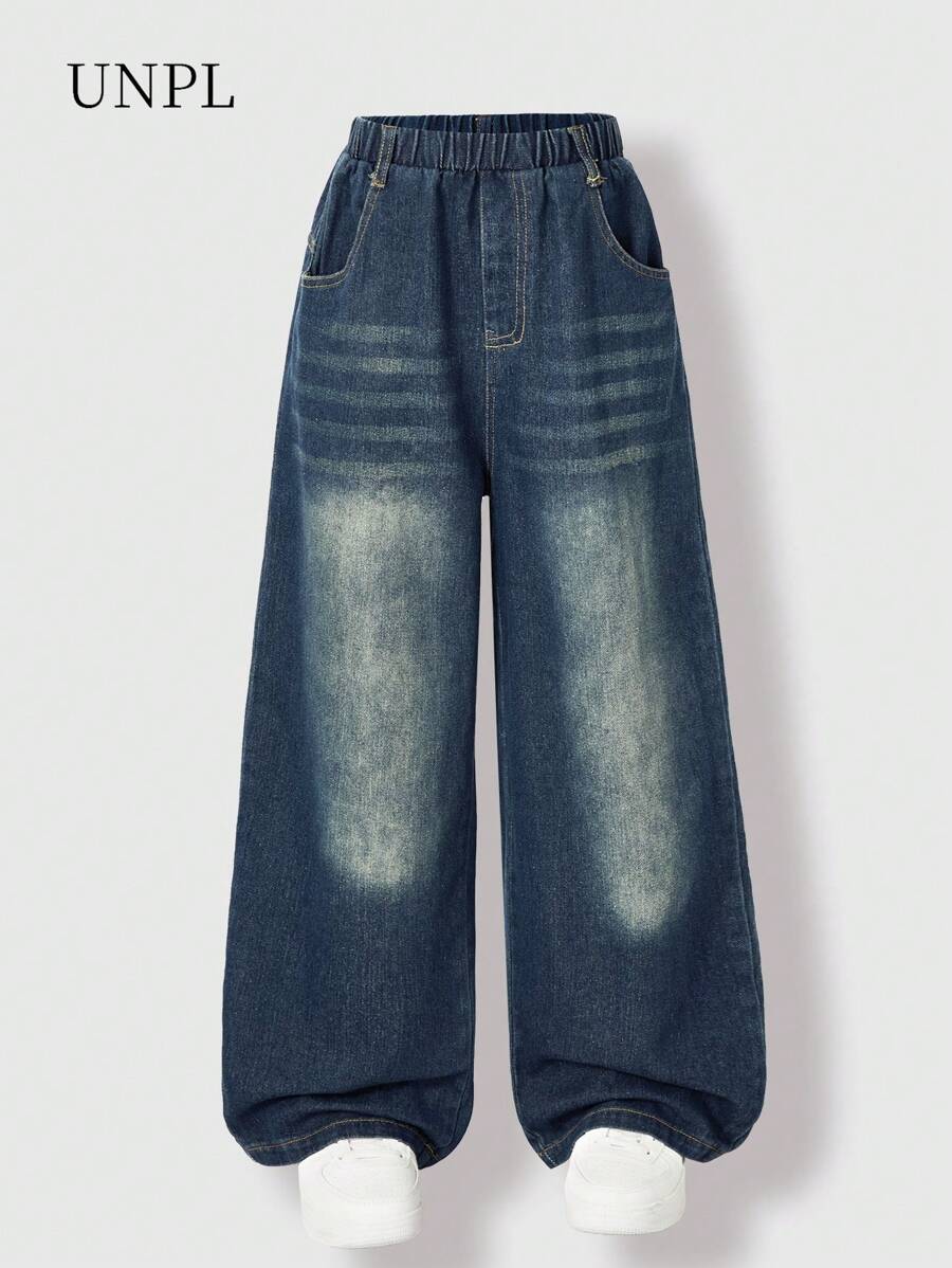 SHEIN Tween Boy Elastic Waist Pockets Casual Wide-Leg Jeans - Medium Wash - View 1