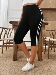 SHEIN LUNE 大码撞色侧条纹印花紧身裤