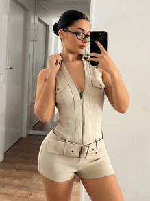 SHEIN ICON Summer Halter Women's Solid Color Zipper Front Sleeveless Jumpsuit Romper - Apricot - View 6