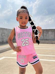 女童休闲运动字母印花上衣和宽松短裤两件套，女童夏季运动套装 - 粉色 - 查看 3