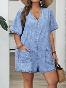 EMERY ROSE Plus Size Women's Washed Pockets V-Neck Denim Romper, Summer Woman Summer Clothes Women Clothes Vacation Women Summer Clothes Country Concert Outfit Boho Beach Vacation Outfits Festival Outfits For Women Hawaii Outfits Women Jumpsuits For Woman Elegant