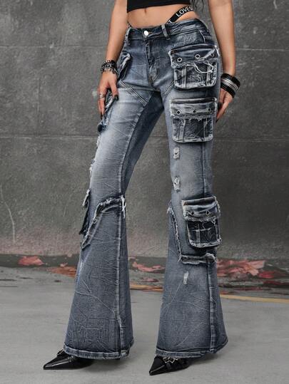Grunge Punk Y2K Retro High-Rise Flare Jeans With Distressed Texture, Vintage Washed Cargo Pockets