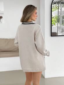 EURMUSE Women Stripe Hem Detailed Front Button Cardigan,Long Cardigans Woman,Petite Cardigans,Cardigans - Cream - View 2