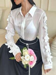 Modelyn Blusa elegante de mujer de manga larga con abotonadura sencilla y decoración de parches de unicolor - Blanco - Ver 1