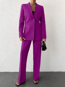 EURMUSE Single-color Lapel Collar Suit Set - Purple - View 3