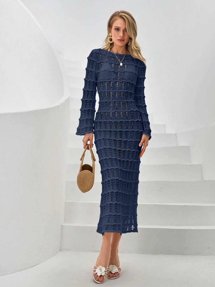 Cottnline Long Sleeve Crochet Jacquard Dress As Cover - Navy Blue - View 1