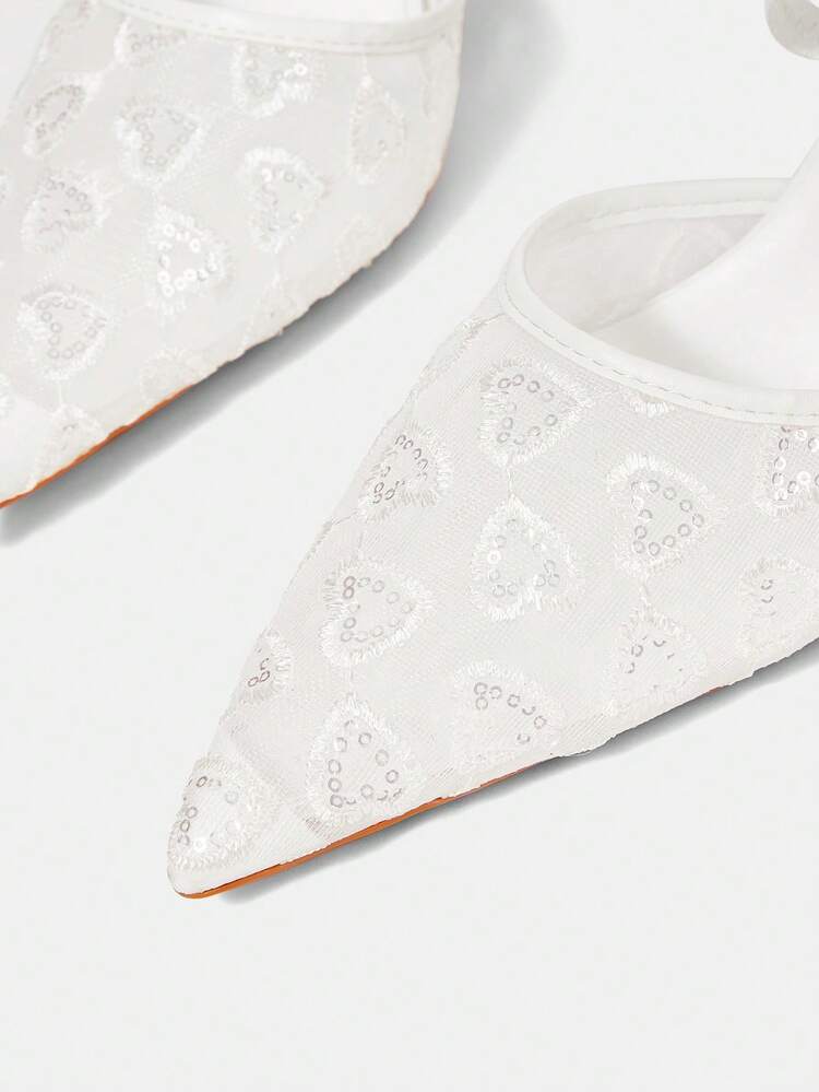 CUCCOO HITCHD New Summer Heart Shaped Embroidery Lace Pointed Toe Kitten Heel Elegant Romantic White Mesh Women's High Heels, Bridal Shoes, Formal Party Dress Mule Shoes