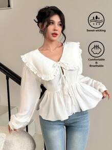 Modelyn Peter Pan Collar Patchwork Frill Trim Tie-Up Long Sleeve Women Shirt - White - View 9