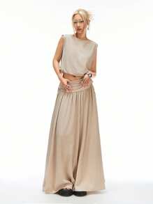 LYSMO 2025 春夏新品女式圆领无袖上衣，花瓣下摆，宽松版型，搭配亚麻质地腰部褶皱 A 字裙，复古休闲风格，波西米亚风，田园风情，极简休闲装 - 杏色 - 查看 5