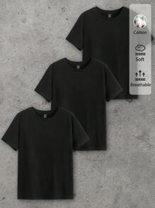 SHEIN Essnce 3pcs Casual Women Cotton T-Shirt Set, Black Round Neck Short Sleeve Pullover, Basic Summer Style Suitable For Going Out