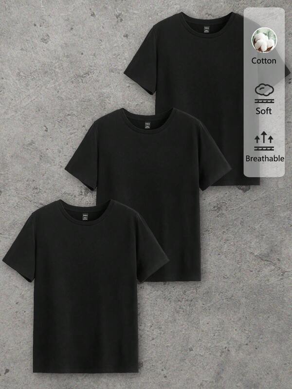 SHEIN Essnce Set da 3 magliette in cotone casual da donna, magliette girocollo nere a maniche corte, stile basic estivo