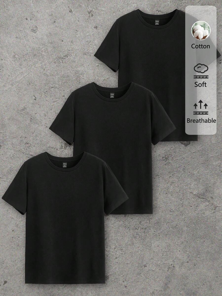 SHEIN Essnce 3pcs Casual Women Cotton T-Shirt Set, Black Round Neck Short Sleeve Pullover, Basic Summer Style Suitable For Going Out
