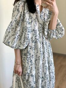 FRIFUL Women's Casual Plant Print Mid-Long Dress For Vacation,Ruffle - Multicolor - View 2