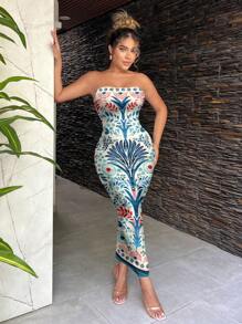 SHEIN SXY 休闲印花修身连衣裙，适合夏季度假 - 彩色 - 查看 3