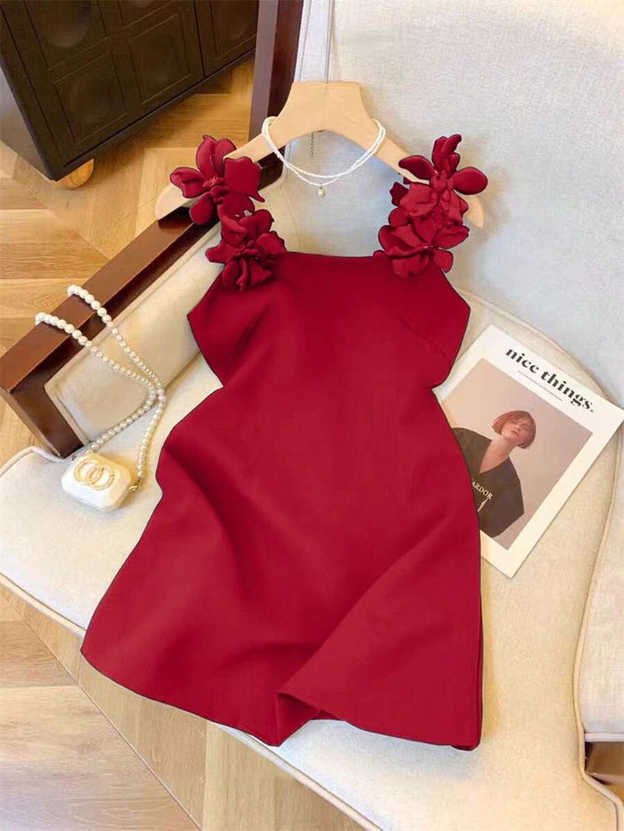 Franclia Váy mini dây mảnh họa tiết hoa 3D mùa xuân dành cho nữ đi nghỉ thường ngày - Đỏ - Xem 1