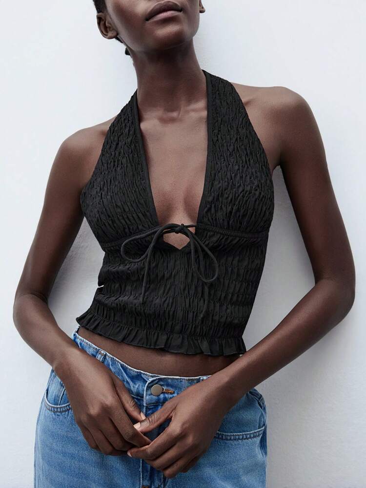 SHEIN Maija 2025 Summer New Halter Tie-Up Bow Lace-Up Frill Hem Cute Summer Sleeveless Top, Elegant Modern Romantic Casual Wear For Urban Commute, Beach Vacation, Music Festival, Brunch, Office, Graduation Season