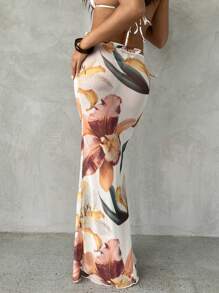 Aloruh 女士热带花卉印花透视低腰鱼尾裙，女士沙滩罩衫，女士度假装，春夏