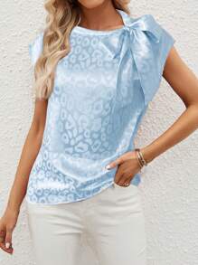 SHEIN LUNE Camisa casual de mujer con lazo y estampado de leopardo, adecuada para ir al trabajo y salidas, primavera/verano - Azul - Ver 5