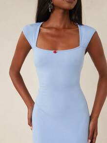 NYA SZN 连衣裙短袖直领修身迷你开衩早午餐日常休闲外出约会婚礼宾客新娘派对度假超长款春夏装女士 - 藍色 - 查看 3