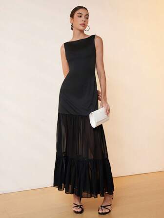 Gloray 女士针织网眼拼接露背系带腰优雅连衣裙，通勤风格