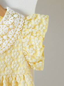 Souflis Souflis 女孩优雅甜美可爱提花面料刺绣彼得潘领盖袖束腰公主裙，适合度假、旅行、生日派对、礼物 - 夏季 - 黃色 - 查看 5
