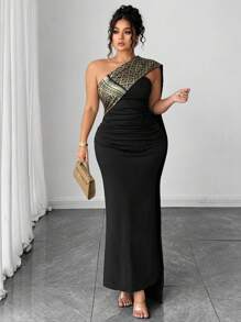 Elenzga 加大码中东风格修身长裙，带抹胸领口 - 黑色 - 查看 4