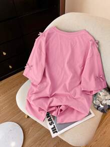 SHEIN 韩版字母刺绣+手工蝴蝶结宽松中长款圆领落肩女T恤 - 粉色 - 查看 2