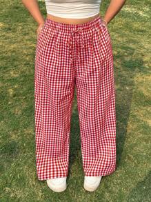 SHEIN EZwear Valentine's Day,Plus Size Casual Plaid Elastic Waist Loose Pants