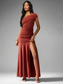 MISSGUIDED One Shoulder Ruched Evening Gown Formal Floor Length Split Maxi Dress Elegant Wedding Guest Party Holiday Ball Gown