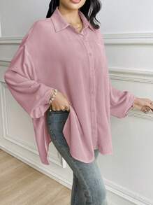 Modelyn 女士宽松不对称纽扣设计浅黄色休闲优雅衬衫 - 藕粉色 - 查看 4