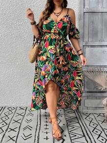 EMERY ROSE Plus Size Women Off Shoulder Floral Print Maxi Dress With Asymmetrical Ruffle Hem, Summer Vacation Dress - Multicolor - View 1