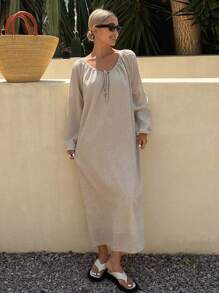 Livesso Solid Color Loose Long Sleeve Backless Drawstring Casual Vacation Long Dress For Women, Fall