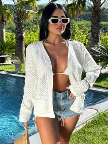 SHEIN Cottnline كارديجان أنثوي أحادي اللون مفتوح الأمام به جيوب ومفاصل مفرغة - كريم - مشاهدة 6