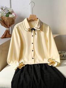 Tween Girls Colorblock Trim Long Sleeve Button-Down Collared Shirt - Yellow - View 8