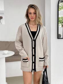 EURMUSE Women Stripe Hem Detailed Front Button Cardigan,Long Cardigans Woman,Petite Cardigans,Cardigans - Cream - View 1