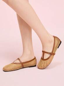 CUCCOO DOLLMOD Women's Fashion Apricot T-Strap Hollow-Out Woven Flat Shoes - Apricot - View 5
