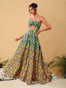 JIAN LASALA 女式多色长裙 波西米亚风细肩带无袖 全身印花、图案、条纹镂空、荷叶边下摆、露背 女式夏季服装 女式夏季连衣裙 女式太阳裙 度假服装 外出装 女士沙滩装 - 彩色 - 查看 1