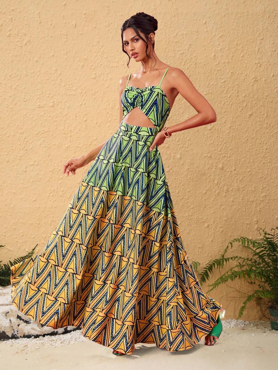 JIAN LASALA 女式多色长裙 波西米亚风细肩带无袖 全身印花、图案、条纹镂空、荷叶边下摆、露背 女式夏季服装 女式夏季连衣裙 女式太阳裙 度假服装 外出装 女士沙滩装 - 彩色 - 查看 1