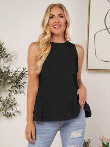 SHEIN LUNE Ladies" Simple And Casual Summer Camisole With Ruffled Hem - Black - View 3