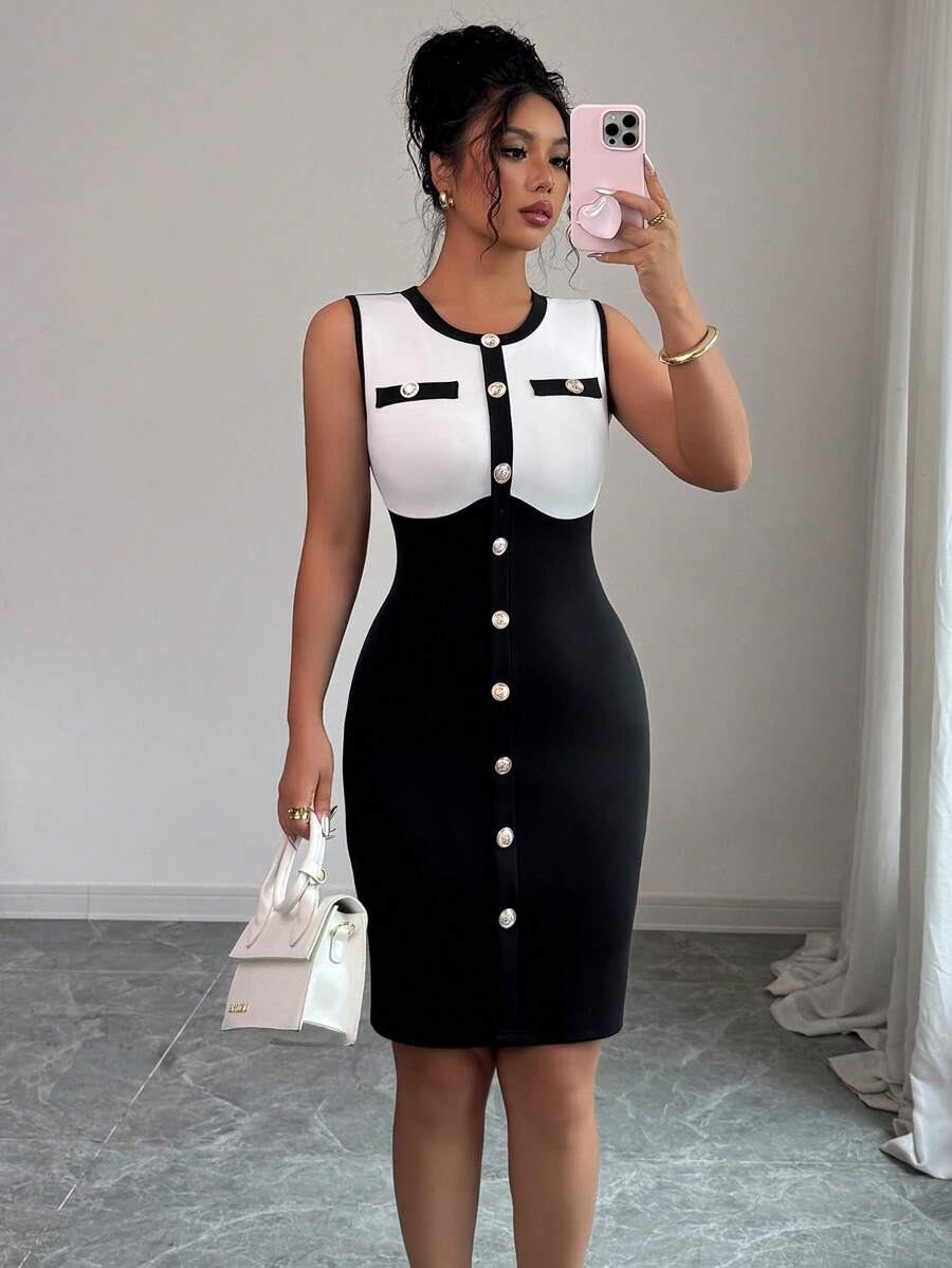 Elenzga Women's Colorblock Button Design Round Neck Sleeveless Fitted Short Dress, Summer - Black - View 1
