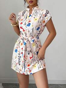 SHEIN LUNE Vestido elegante de verano para mujer con estampado completo, cuello con muesca y manga corta - Multicolor - Ver 3