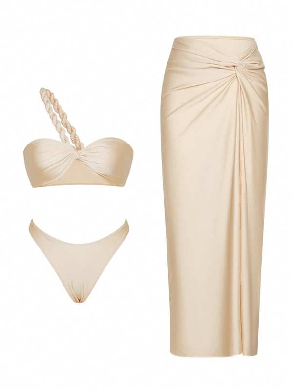 Swim Oasis 3 Stücke Set neuer, einfarbiger Sommeroutfit: Verdrehter Schulter Rückenfreier Top, Bikini Hose und Verdrehter Schlitz Strandkleid