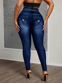 Slaydiva Casual Knitted Denim Effect Leggings For Women, Long Style Suitable For Summer Fall Clothes - Multicolor - View 3