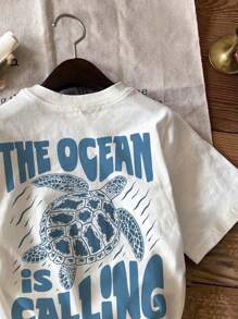 SHEIN Baby Boy Casual Cartoon Print Short Sleeve Crew Neck Top, Suitable For Summer