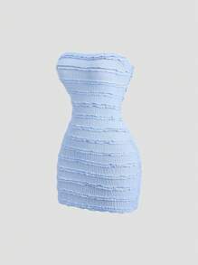 Sweetra Casual Knitted Ruffle Trim Bodycon Mini Dress With Open Back Tie-Up Detail, Light Blue, Spring/Summer