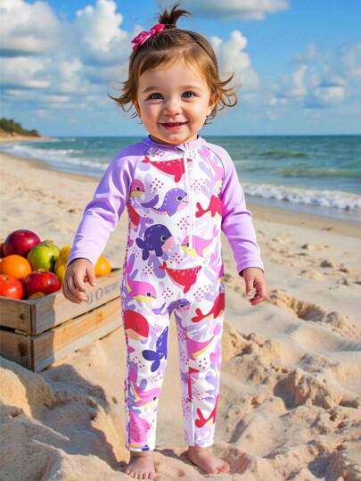 Maillot de bain une pièce pour bébé fille, imprimé baleine, manches longues, anti-UV, violet, adapté pour l'été et les vacances