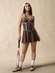 VARSIVA Women's Chocolate Brown Sleeveless Scoop Neck Knitted Tennis Dress With Built-In Shorts And Mini Skirt - Chocolate Brown - View 8