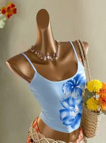 SHEIN EZwear Retro Style Vacation Tropical Cream Blue Floral Placement Print Sexy Racerback Tank Top, Suitable For Summer Suitable For Going Out