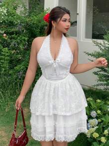 Dazy Plus Plus Size Lace Patchwork Bow Decor Halter Neck Bodycon Short Dress Homecoming Dresses Vacation Cruise Outfit For Women Off The Shoulder Boho - White - View 4