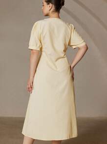 Aveloria Rosie V-Neck Vintage Style Sexy Small Collar Puff Sleeve Short Striped Waist Pleat Yellow Plus Size Extra Long Women Dress